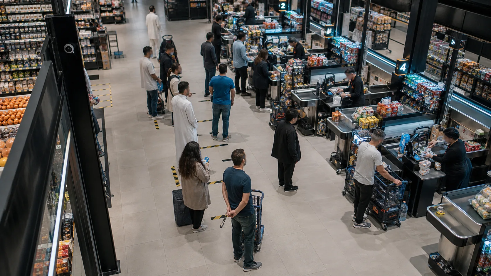 Generated editorial image of a supermarket checkout queue viewed from a CCTV-style angle