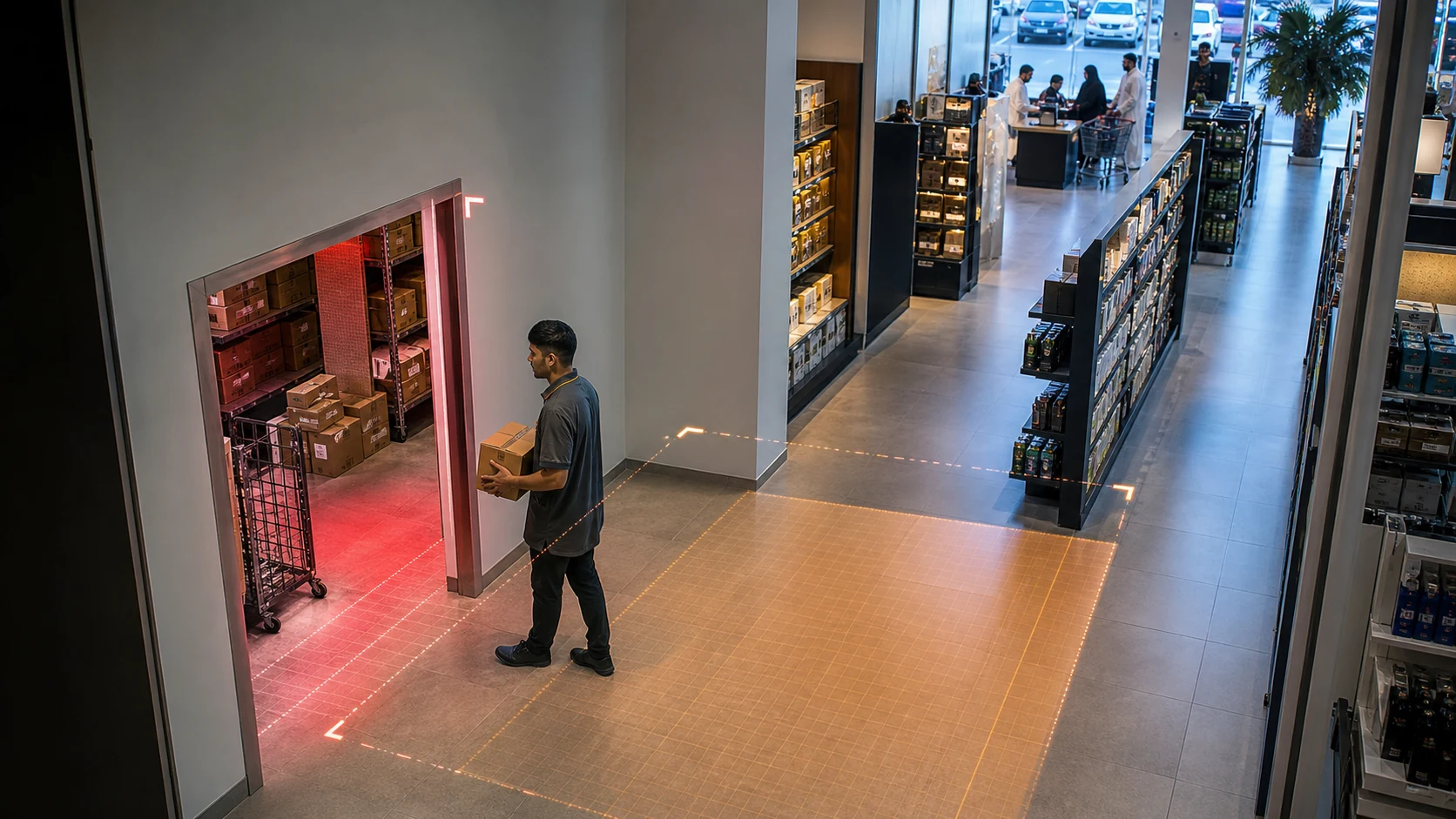 Generated editorial image of AI CCTV analytics monitoring a Gulf retail stockroom entrance