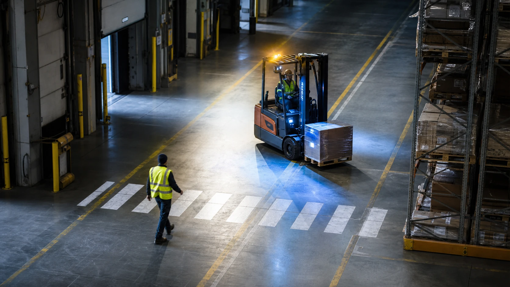 Editorial illustration of a forklift and pedestrian crossing in a warehouse loading dock