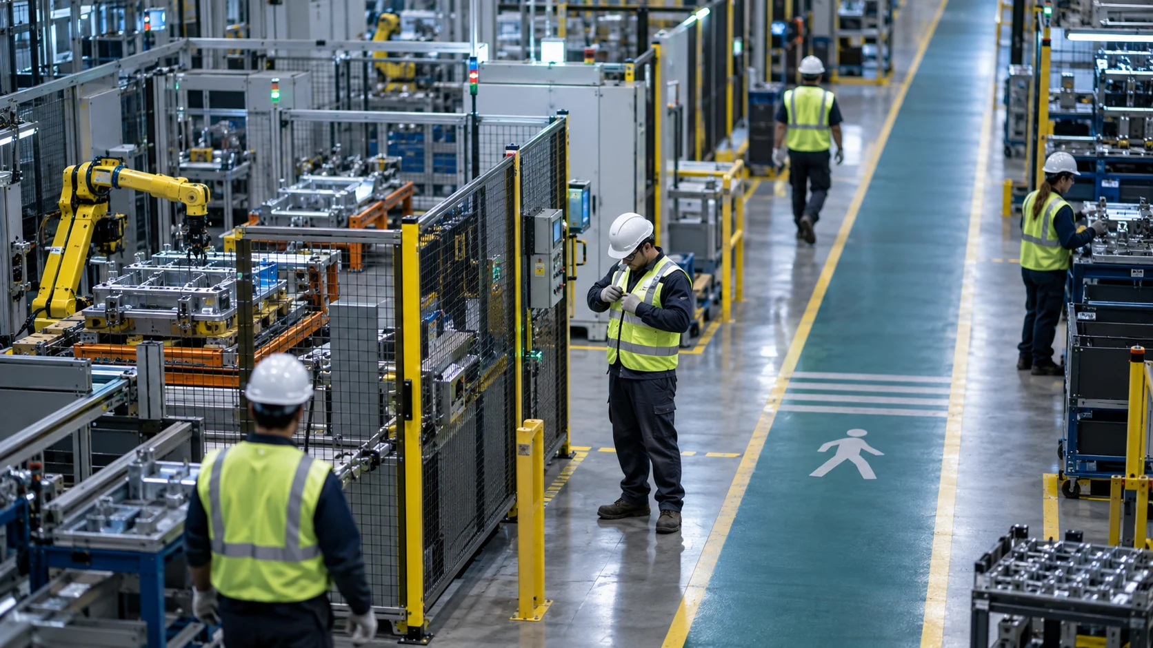 Editorial manufacturing line with workers wearing safety equipment