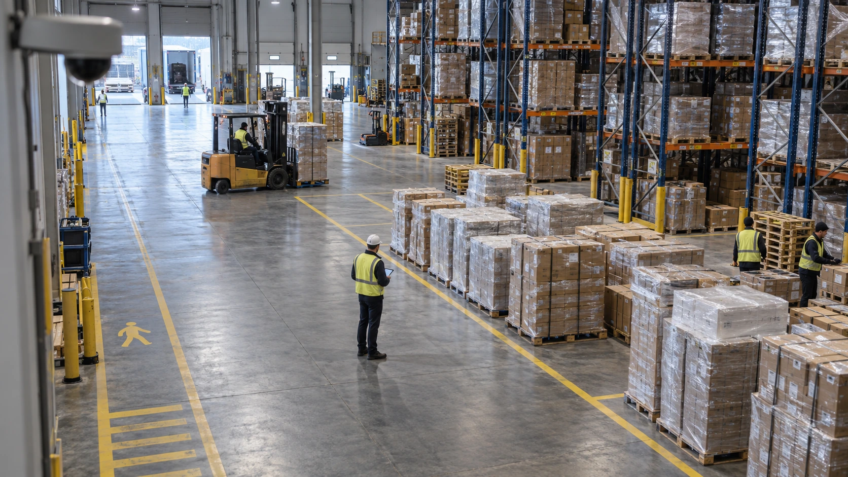Editorial warehouse staging area with marked aisles, storage zones, and camera-visible operations