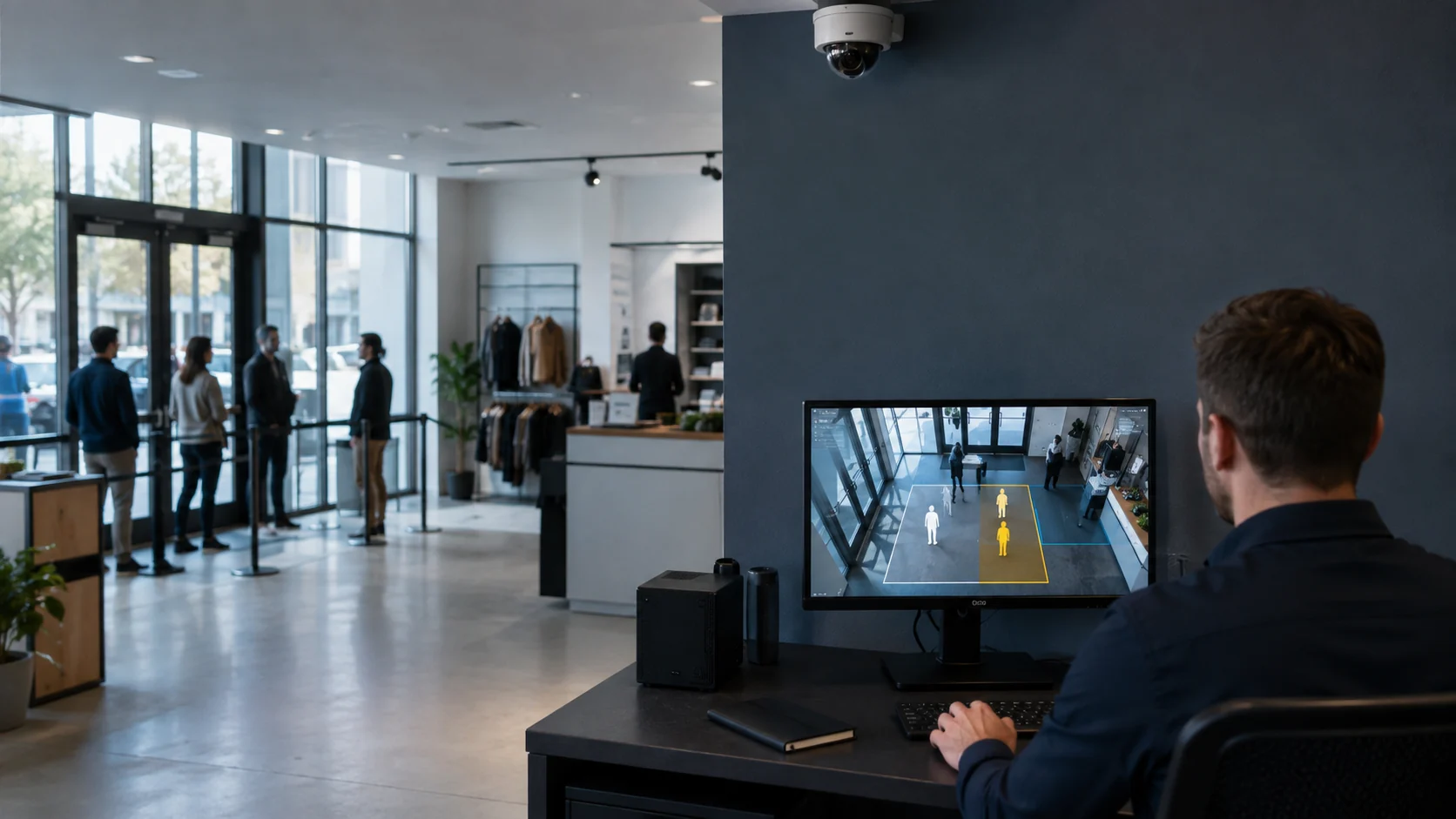 Operations manager reviewing analytics from an existing security camera in a commercial premises