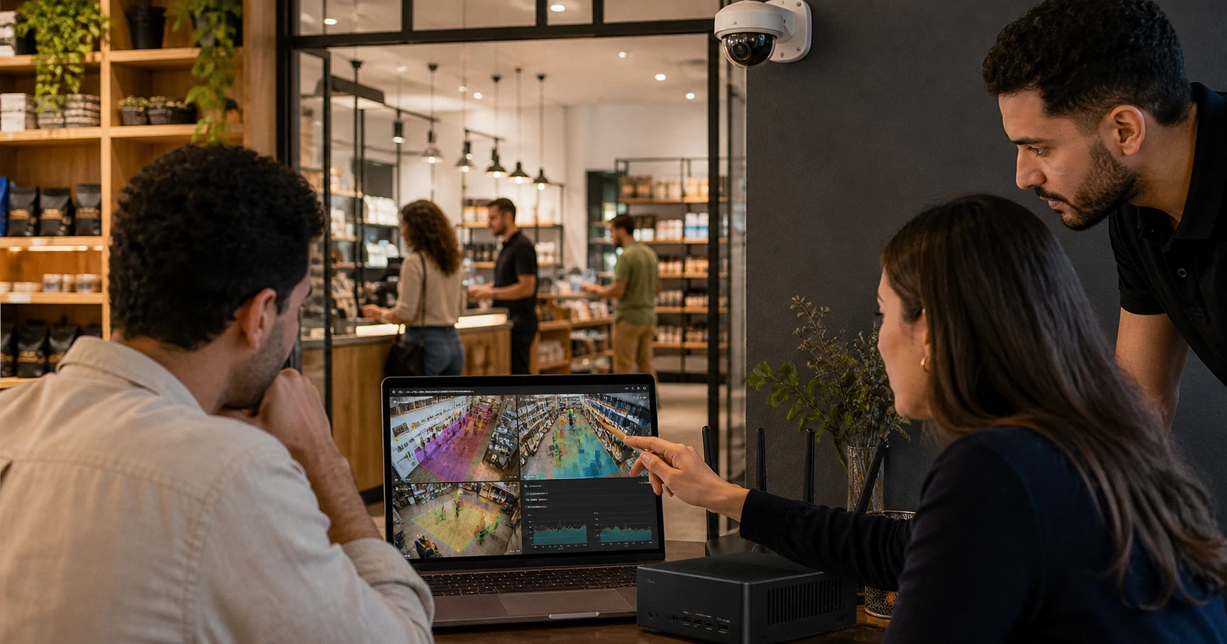 Retail operations team in Egypt reviewing AI camera analytics from existing CCTV on a local edge computer
