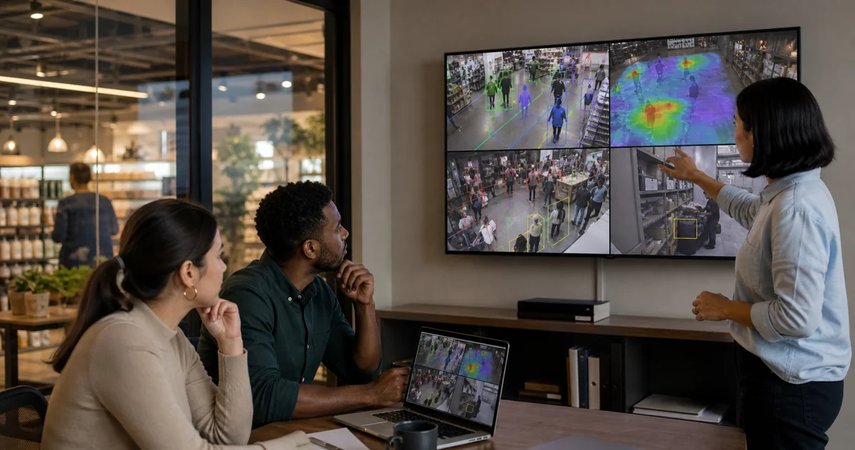 Retail operations team comparing a cloud dashboard with on-site video processing