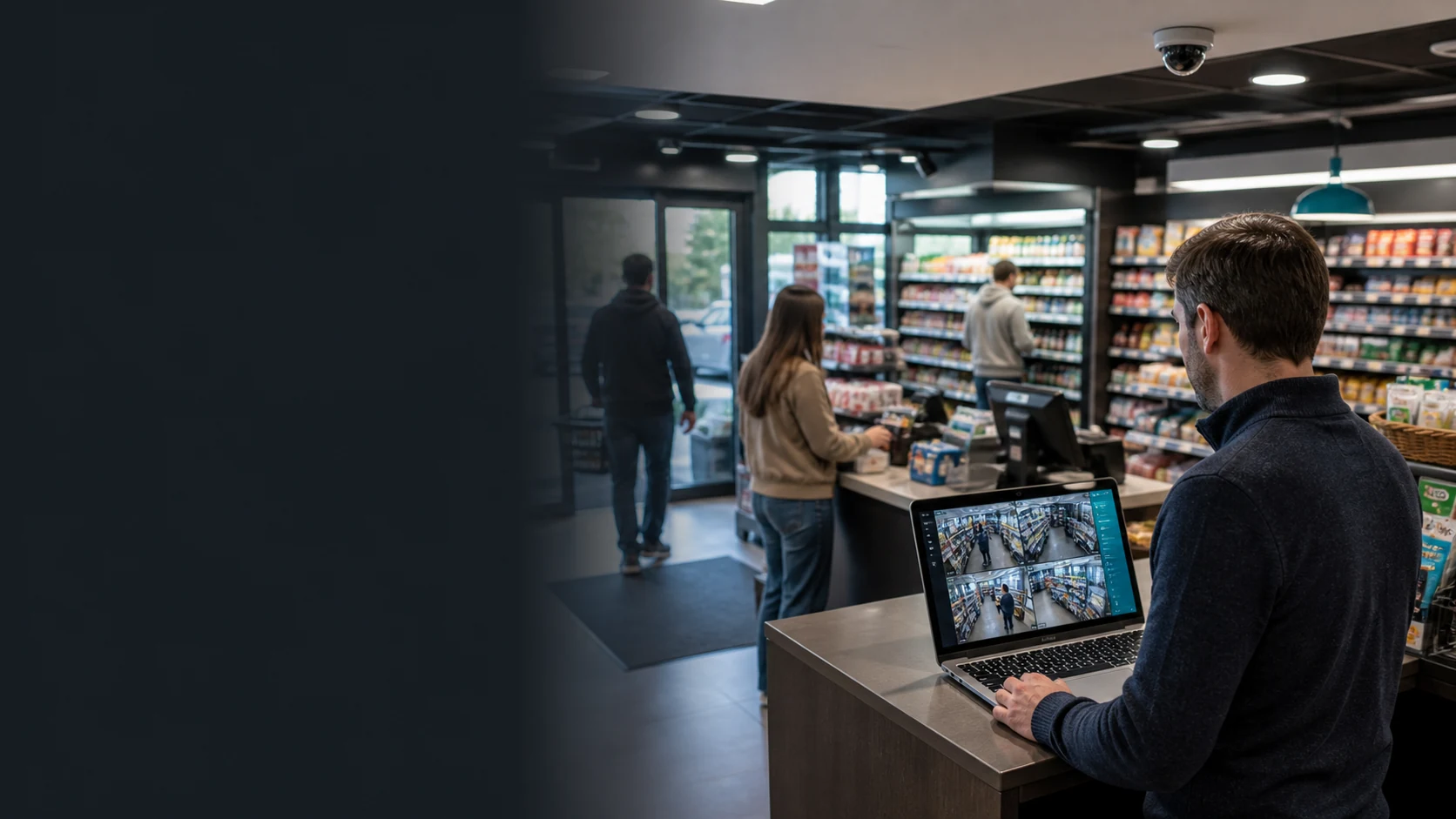 Convenience store manager reviewing customer-flow and checkout camera analytics on a laptop