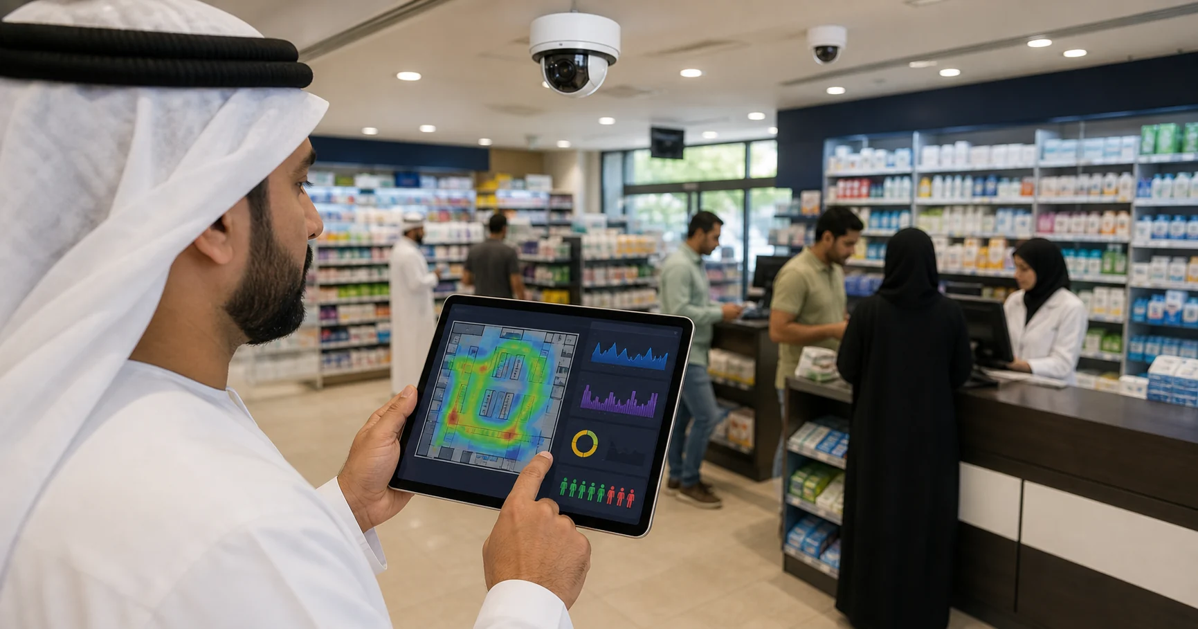 Gulf retail manager reviewing footfall, dwell, and queue analytics from existing CCTV cameras
