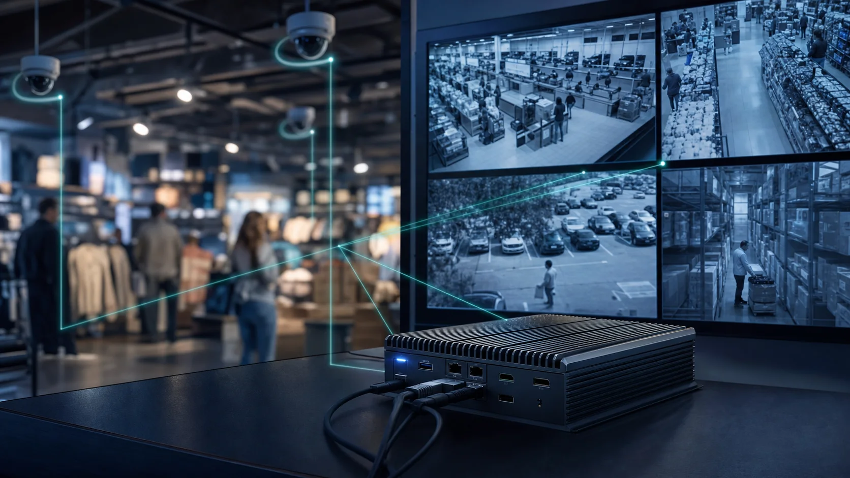 Editorial image of on-premises AI camera analytics connected to existing CCTV cameras