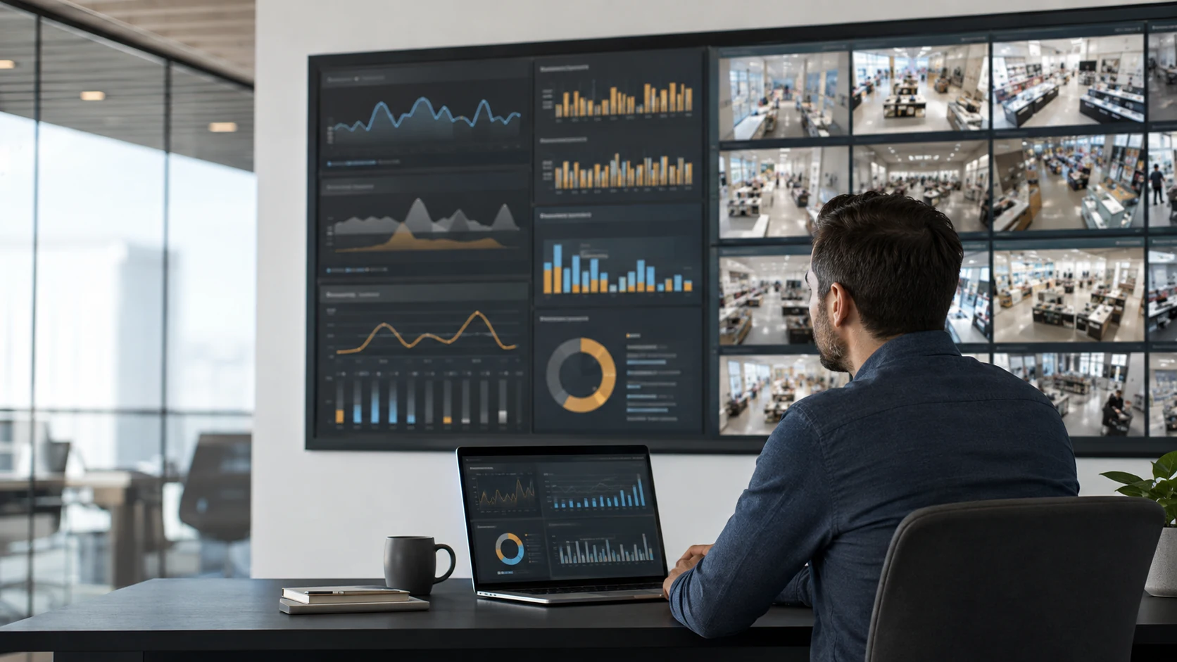 Retail operations manager reviewing multi-site video analytics from existing store cameras