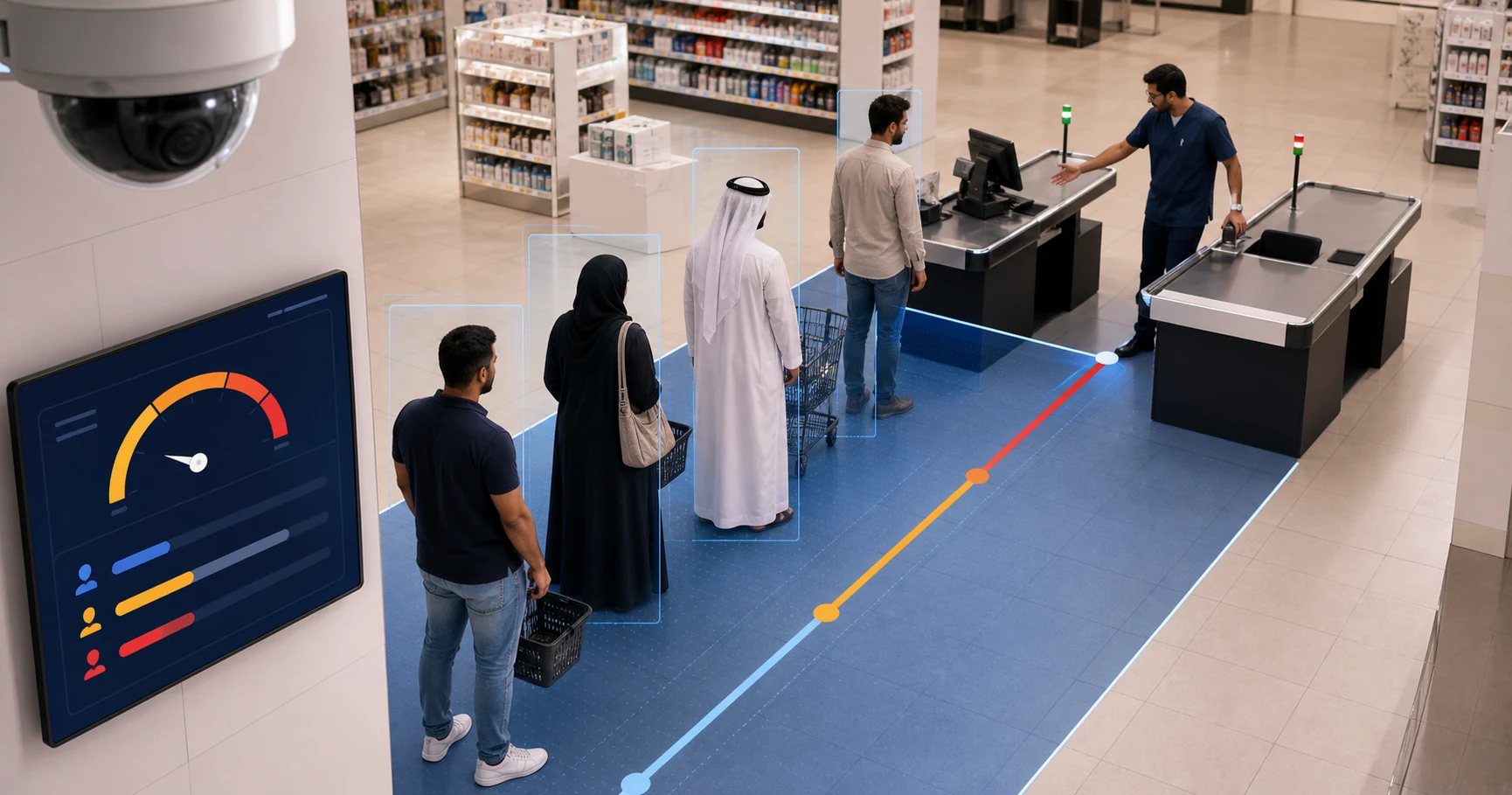 Retail checkout queue analytics waiting-time zone monitored from existing CCTV