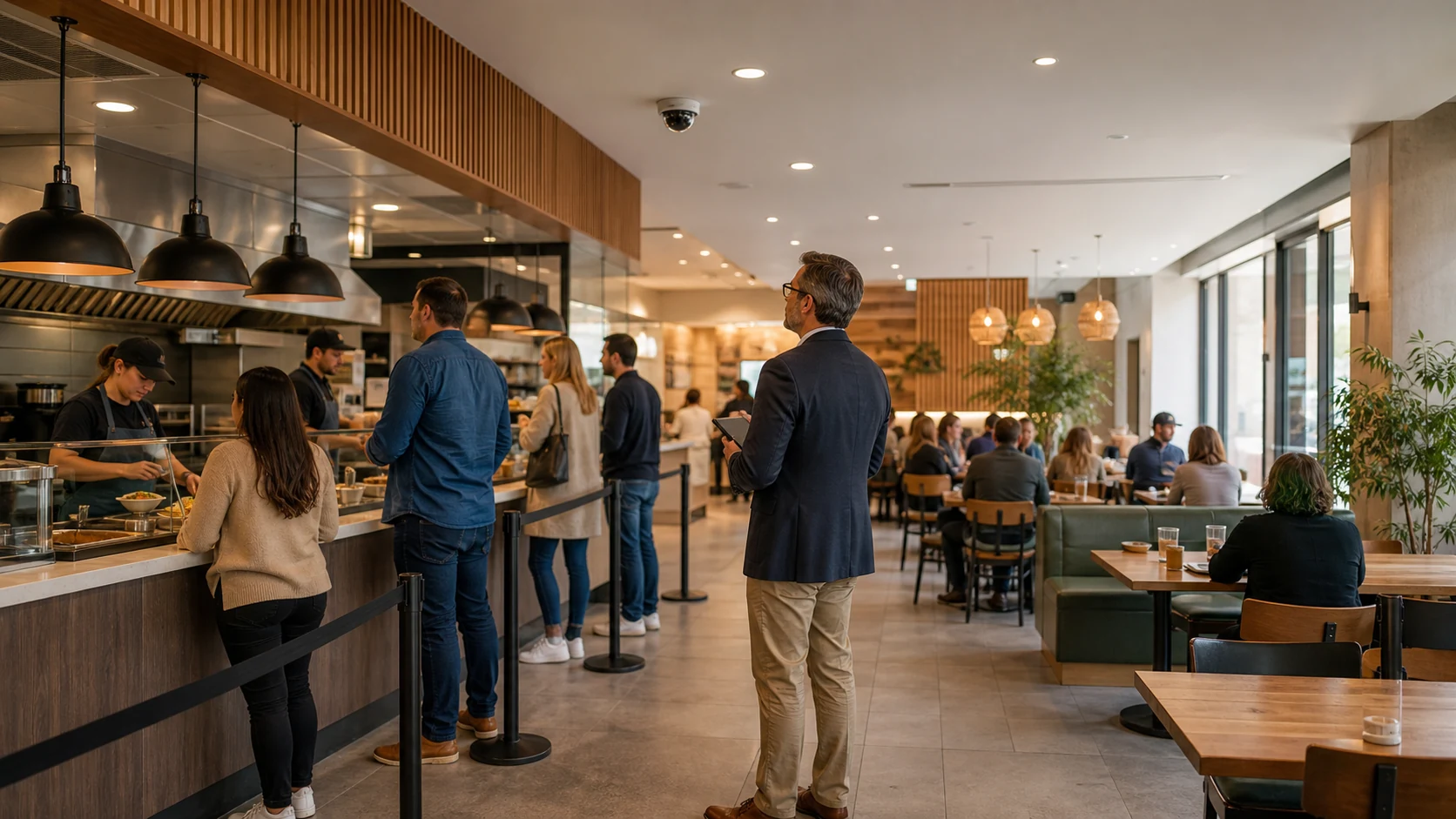Restaurant operations manager reviewing a busy service counter and seating area beneath an existing CCTV camera