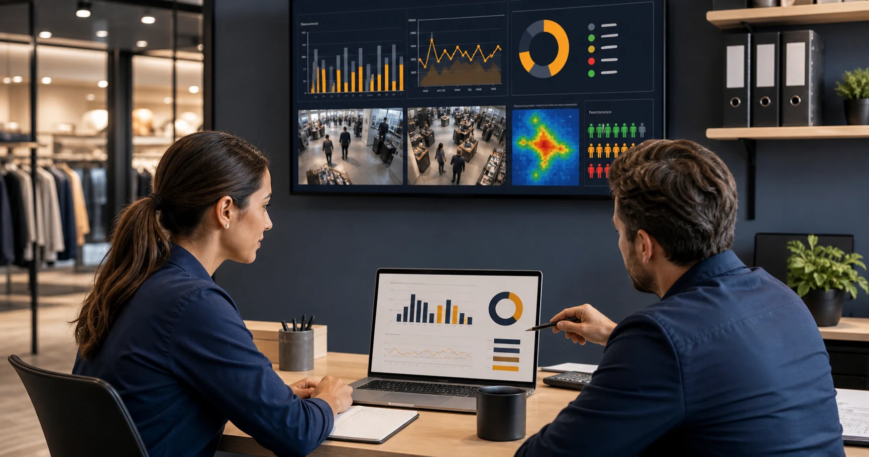 Retail operations team reviewing video analytics software pricing and existing camera analytics dashboards