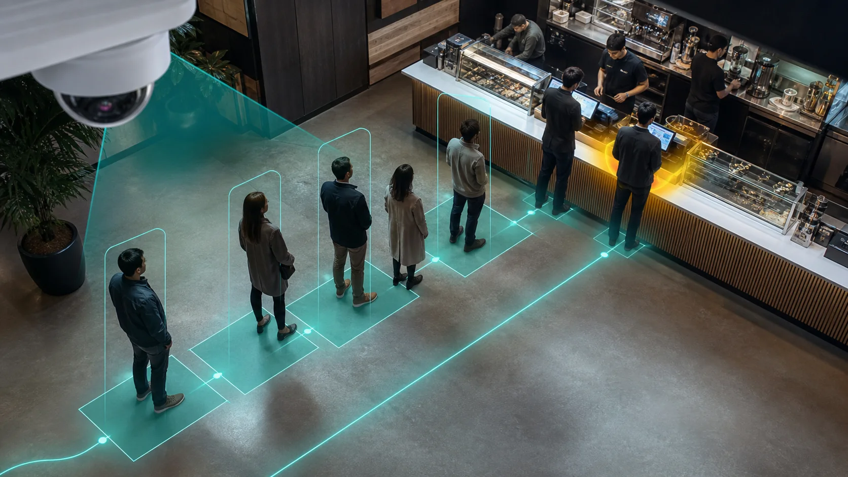 Editorial image of queue management analytics at a service counter